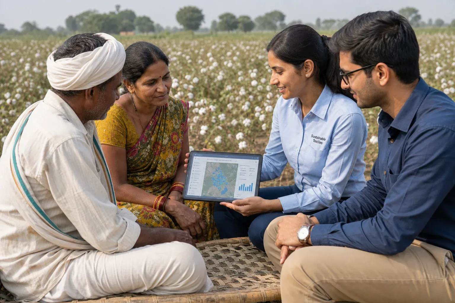 Farmers and textile brand representatives collaborating near a cotton field in India, reviewing supply chain data on a tablet