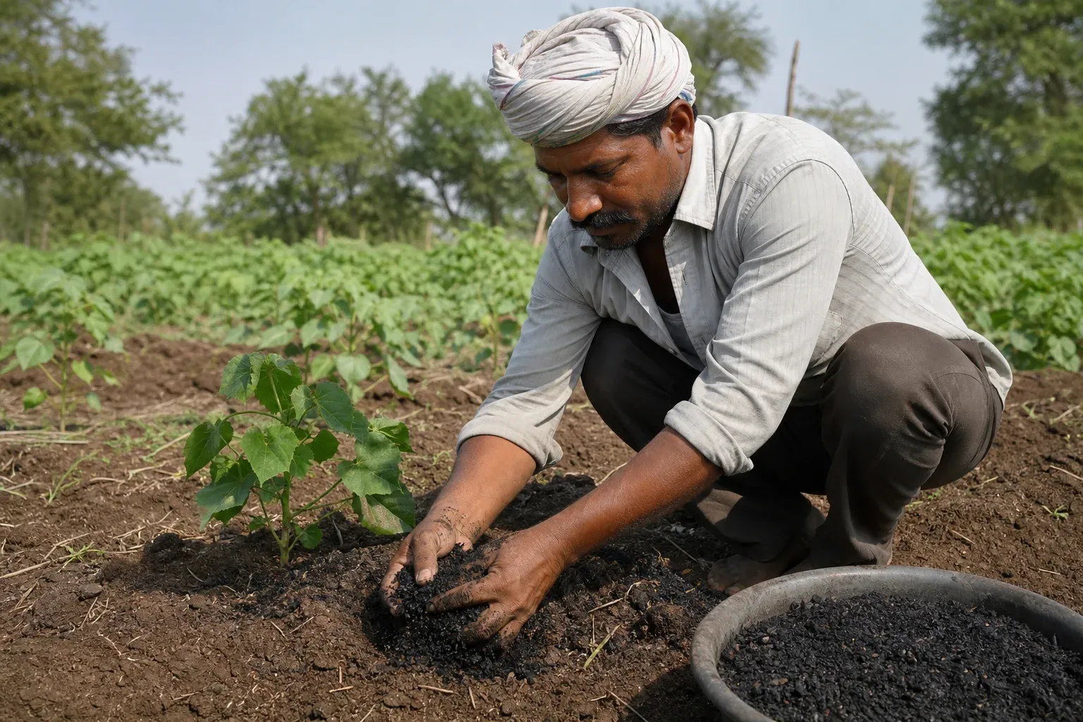 Farmer applying biochar to cotton field soil in India. Photorealistic photograph of an Indian farmer in a cotton field kneeling and mixing dark biochar granules into rich brown soil with bare hands, morning sunlight, green cotton plants in