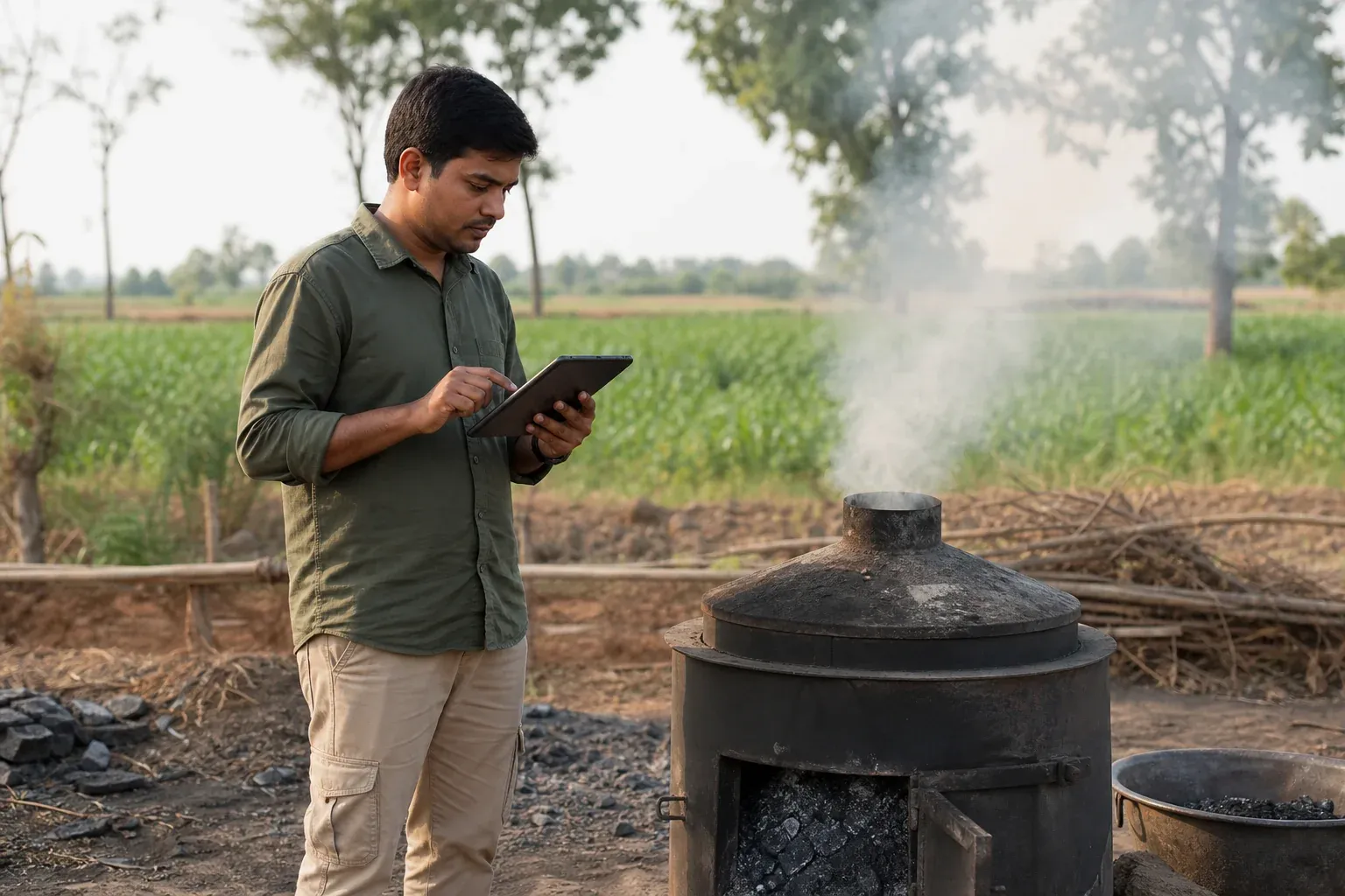 Field technician recording biochar production data on a tablet near a kiln. Photorealistic photograph of a field technician in India standing near a small-scale biochar pyrolysis kiln in a rural farm setting, holding a tablet and recording