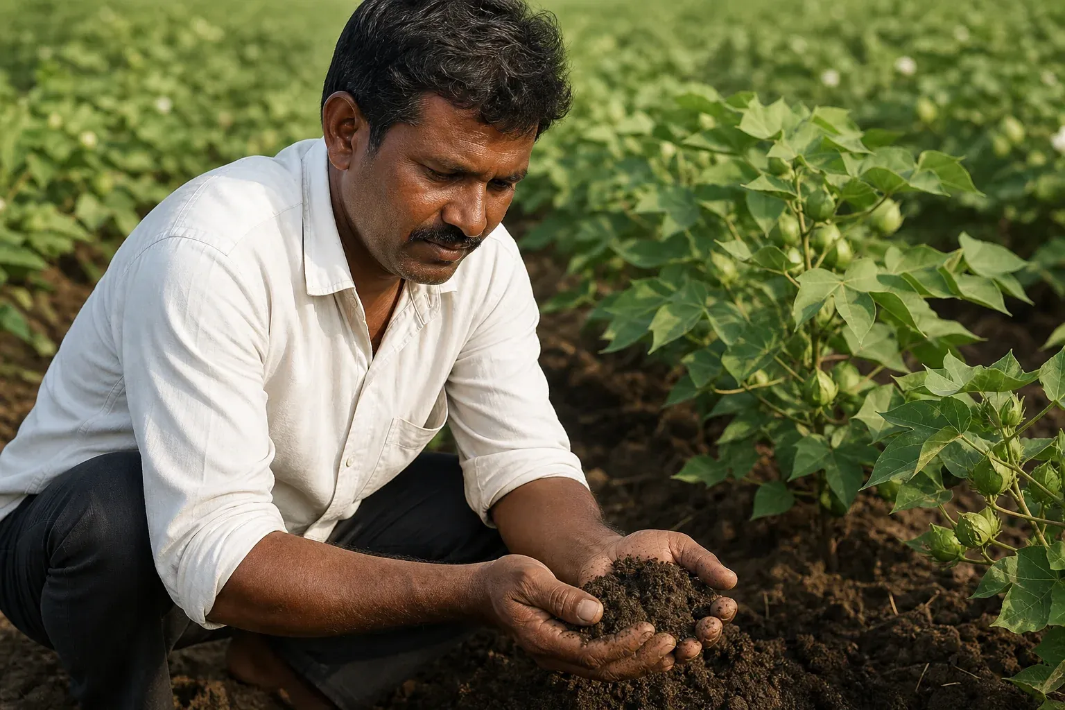 Cotton farmer in India inspecting healthy dark soil in a regenerative field. photorealistic photo of an Indian cotton farmer crouching in a field, hands holding dark, healthy soil rich with organic matter, green cotton plants in rows