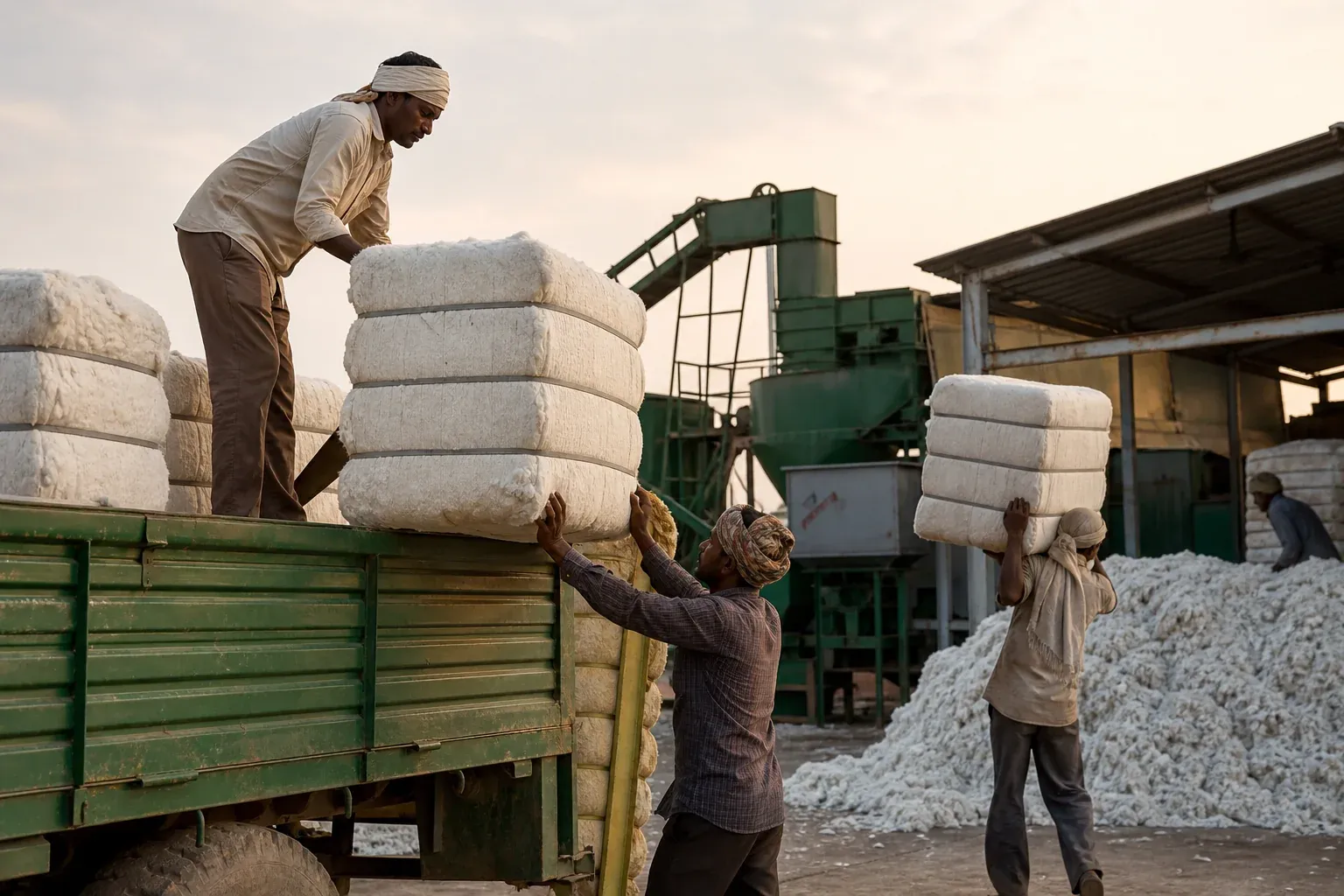 photorealistic photo of workers loading labeled cotton bales onto a truck at a ginning facility in India, warm golden-hour lighting, muted green and white tones, sense of supply chain movement from farm to factory, realistic