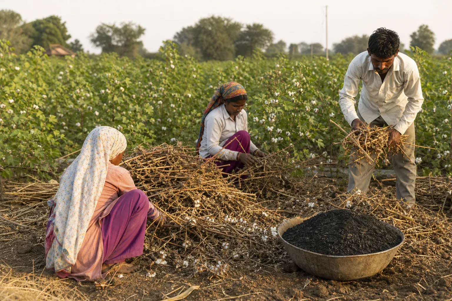 Farm workers collecting cotton crop residue for biochar production in an Indian cotton field. Photorealistic photo, natural daylight, wide shot of Indian farm workers gathering dried cotton stalks and crop residue into bundles at the edge
