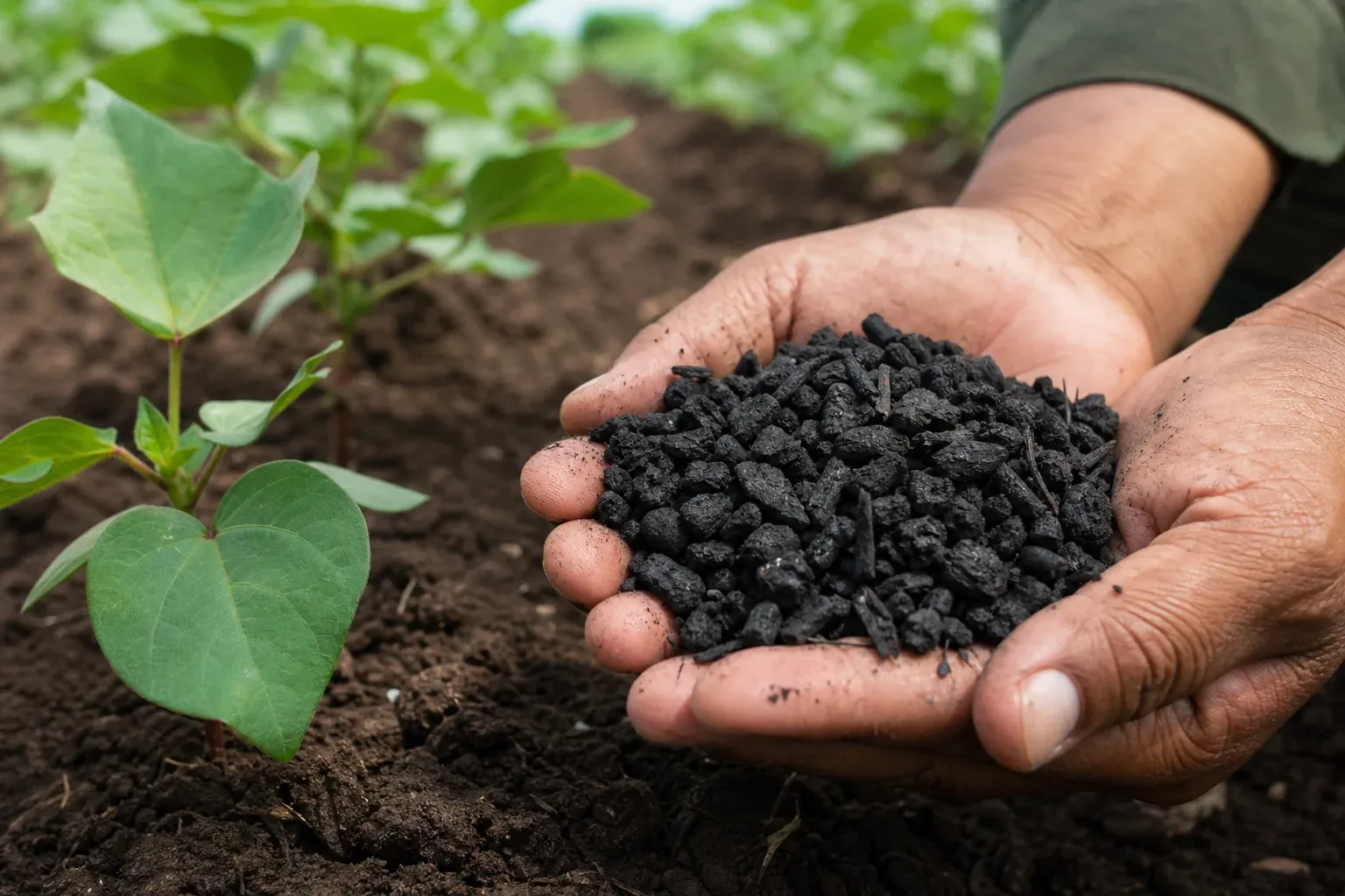 Close-up of biochar being mixed into soil by hand in a farm field. Photorealistic photo, close-up shot of two hands holding dark, porous black biochar granules above rich brown soil in a cotton field row, cotton seedlings visible slightly
