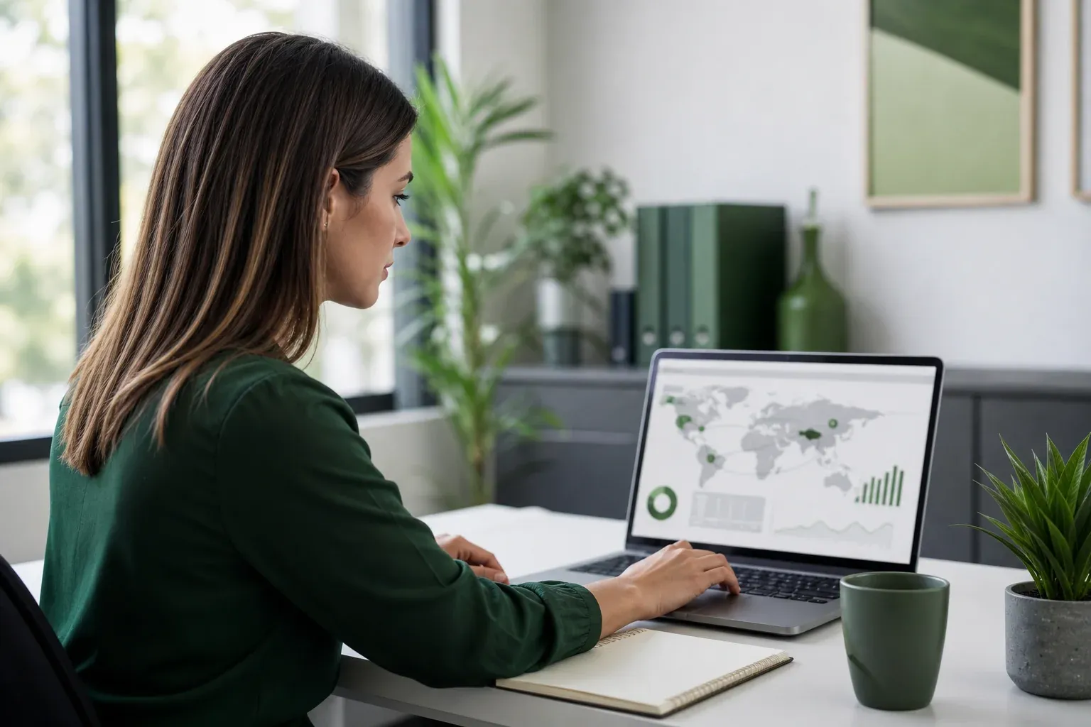 A sustainability professional reviewing carbon data dashboards linked to farm sourcing regions on a laptop. Photorealistic photo, professional woman in business casual attire sitting at a bright office desk reviewing a laptop screen showing