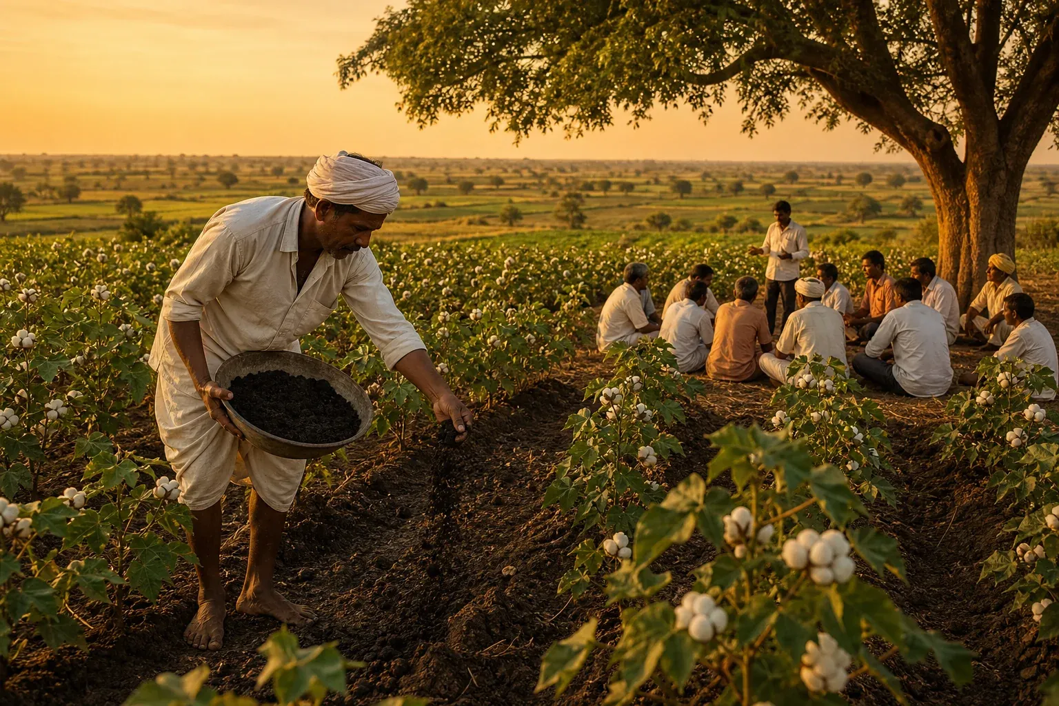 Farmer applying biochar to regenerative cotton fields in India as part of a carbon insetting program