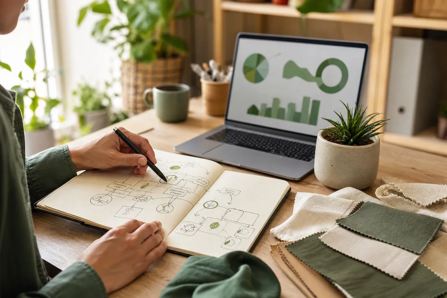 Sustainability professional reviewing a carbon strategy decision framework with supply chain data