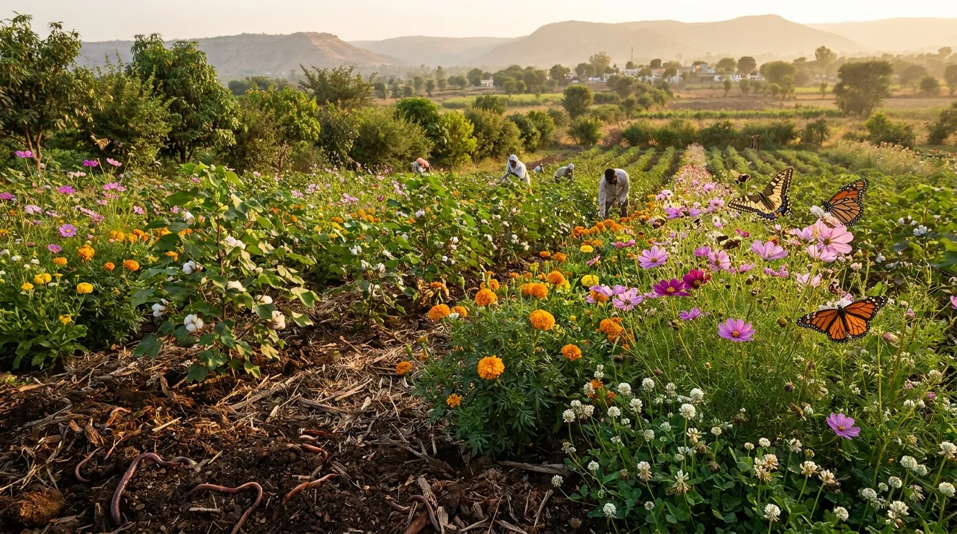 biodiversity restoration in regenerative agriculture field showing diverse native plants and pollinators