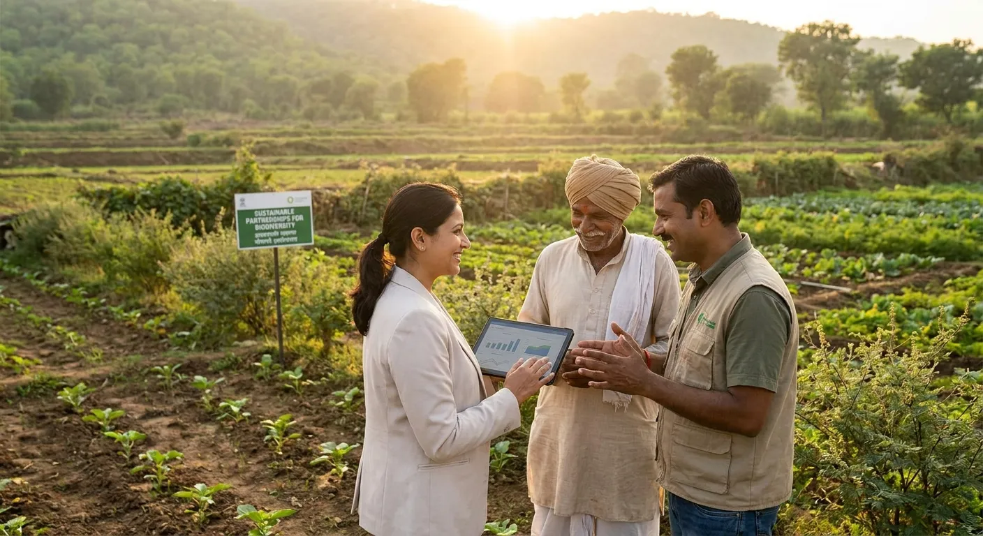 biodiversity restoration partnership consultation between experts and farmers reviewing monitoring data