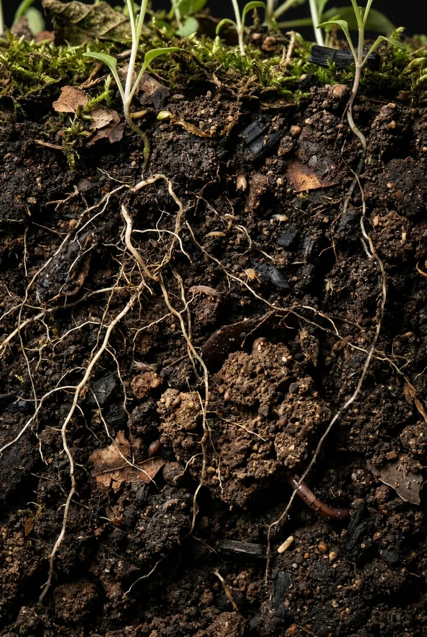 healthy biodiverse soil ecosystem cross-section showing roots and soil life in regenerative agriculture