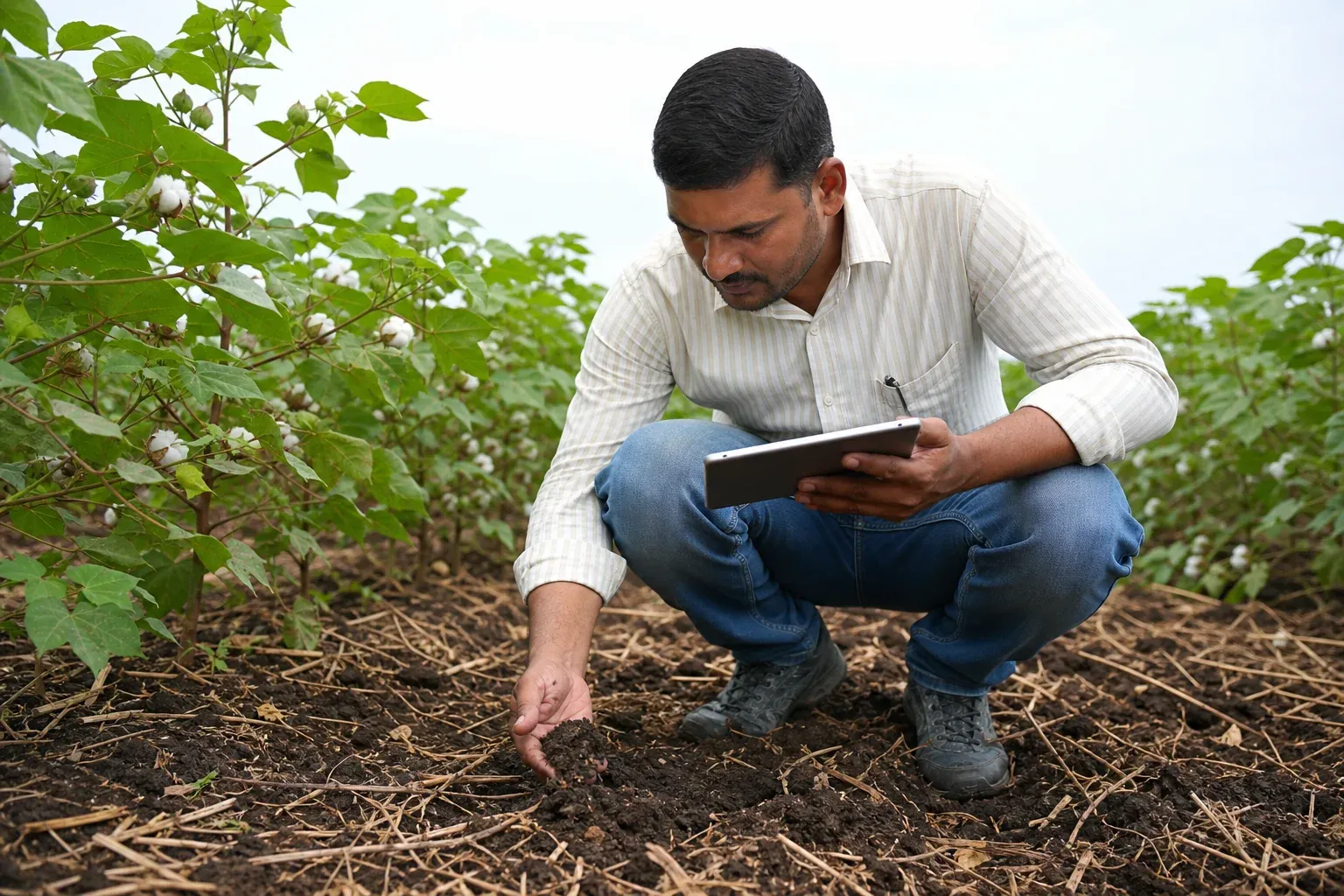 Field officer inspecting healthy cotton soil and recording regenerative farming data on a tablet in India