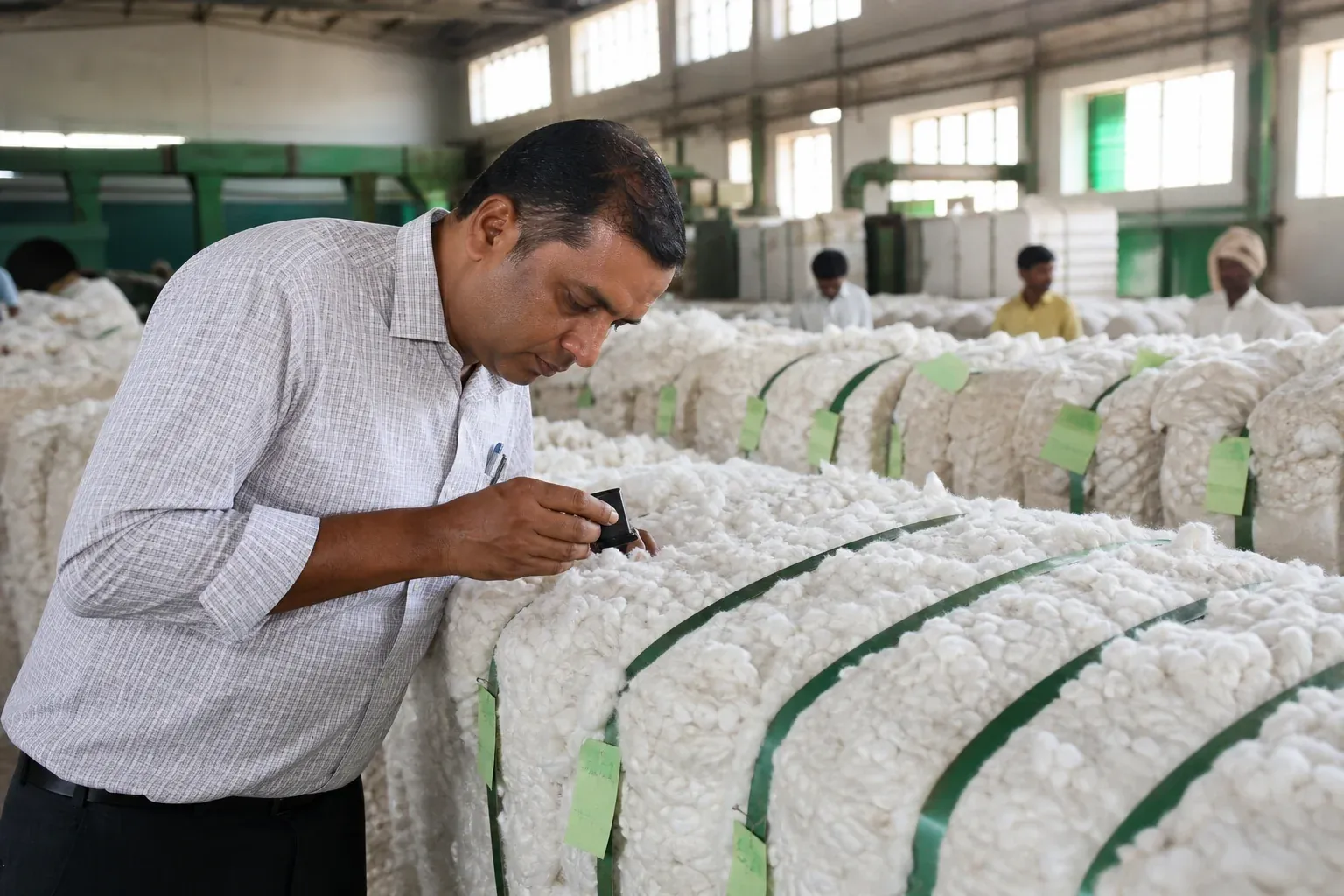 Quality inspector examining cotton bales inside a ginning facility to verify traceability documentation