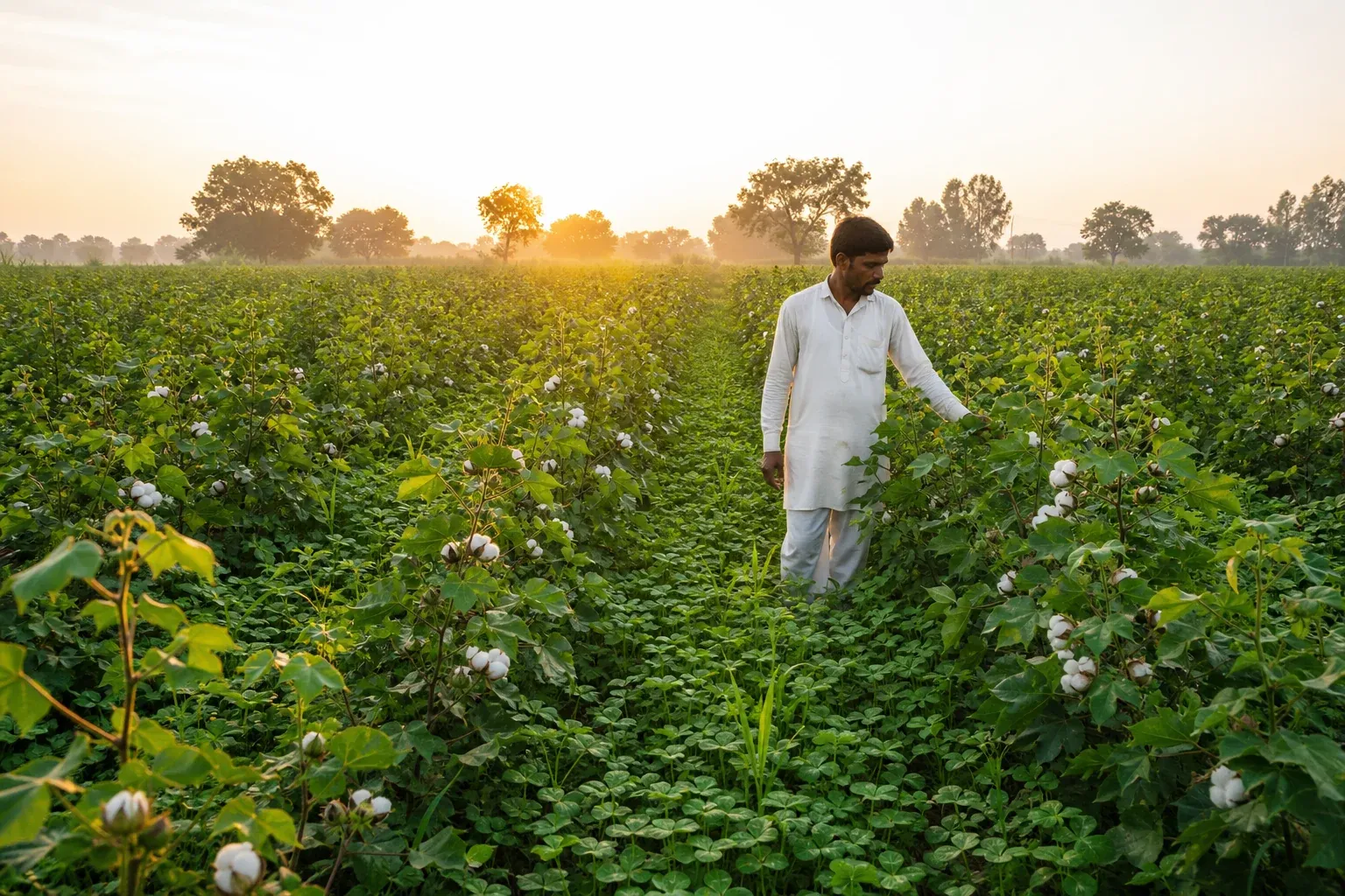 Regenerative cotton field at sunrise in India with cover crops growing between cotton rows, representing farm-to-fashion traceability