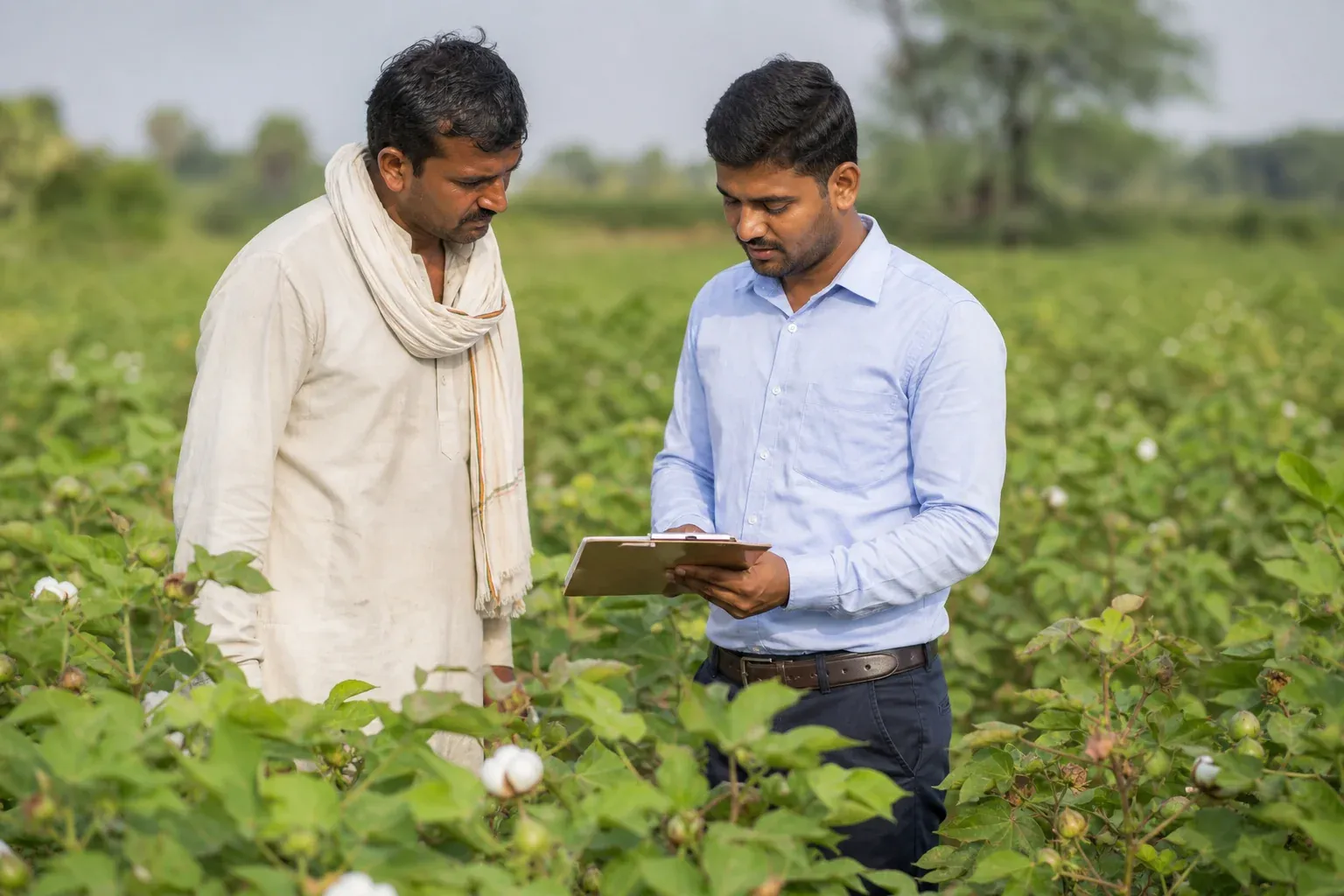 Cotton field with a sustainability auditor reviewing documents. Photorealistic photo of a person in professional field attire standing in a cotton farm in India, holding a clipboard and reviewing paperwork with a farmer, warm natural