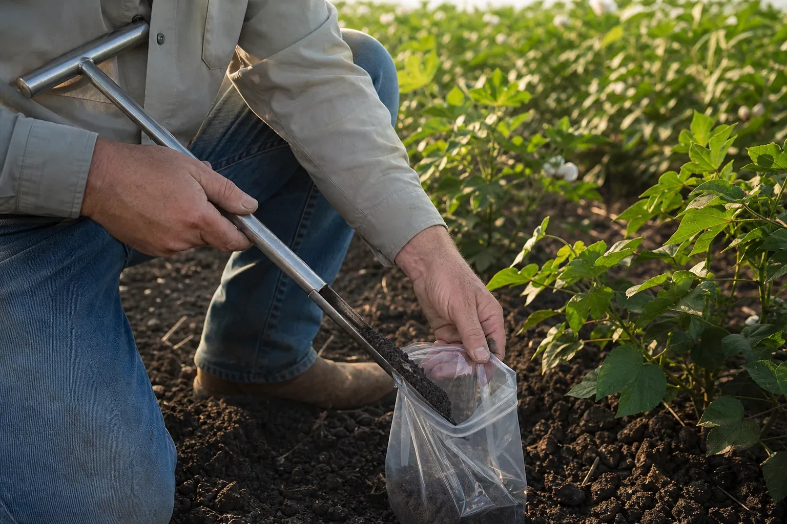 Soil sample testing in the field as part of verification. Photorealistic photo of a technician collecting a soil sample with a soil probe in a cotton field, placing sample into a labeled bag, close-up hands-focused composition, morning