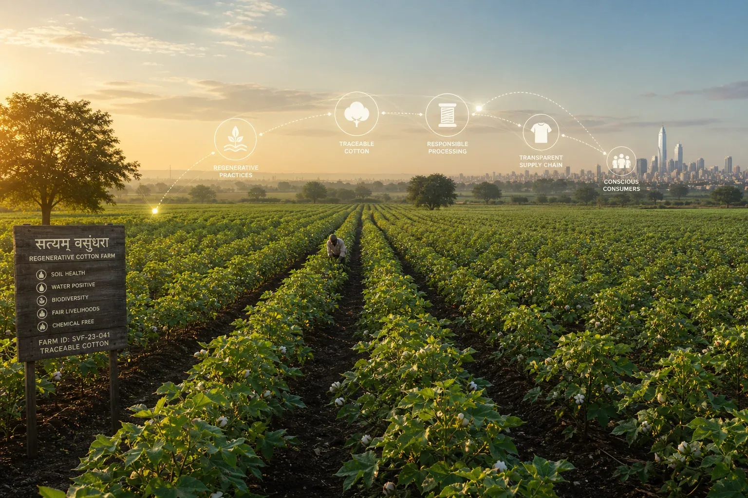 Aerial view of a regenerative cotton farm in India at sunrise, representing carbon insetting solutions embedded within a textile supply chain