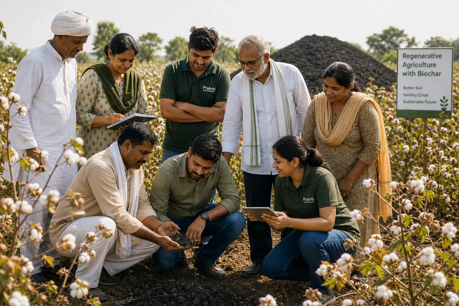 Farmers and sustainability professionals collaborating in a regenerative cotton field in India, examining soil as part of a carbon insetting program
