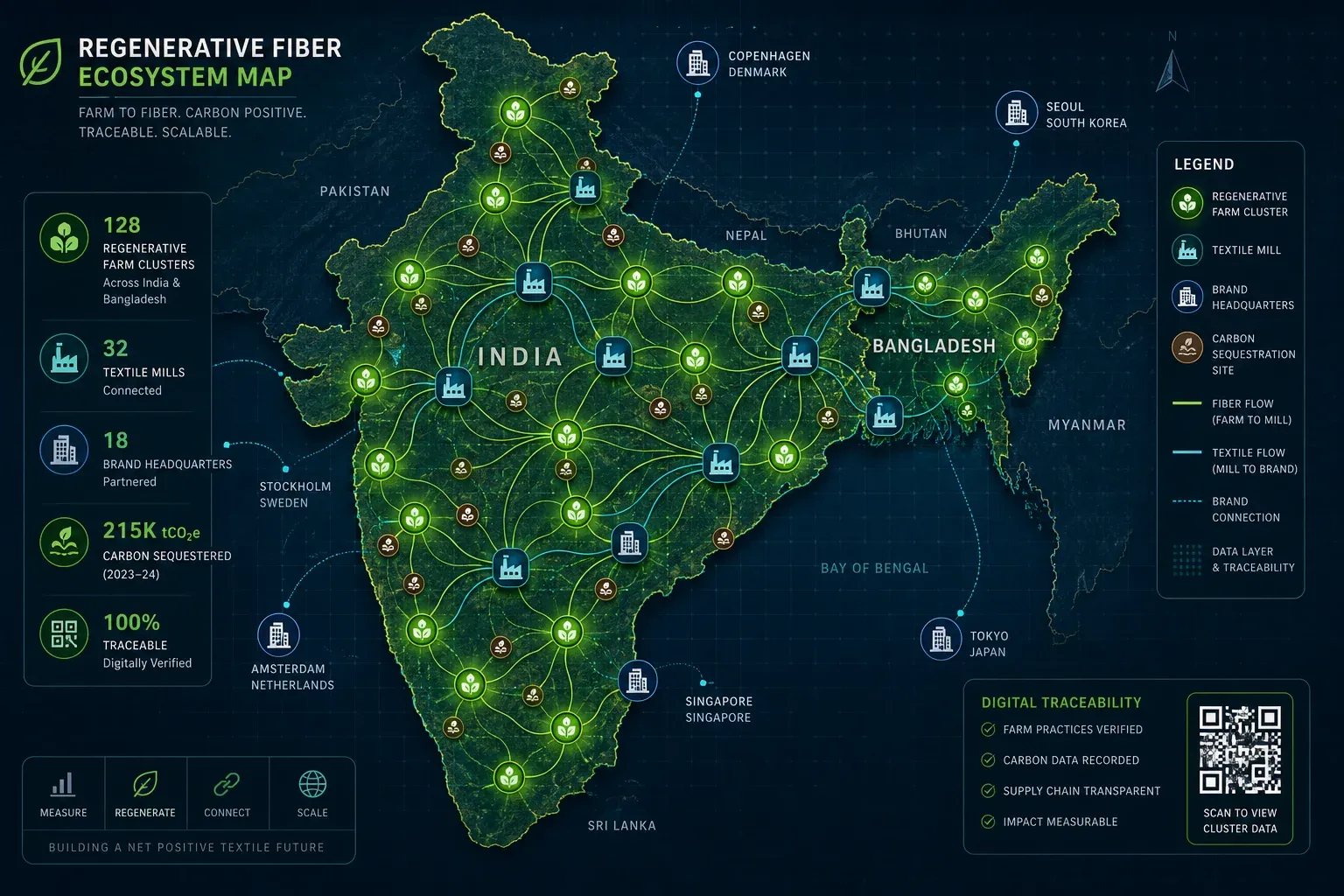 Stylized map of India and Bangladesh showing interconnected regenerative farm networks and supply chain nodes for a scalable carbon insetting program