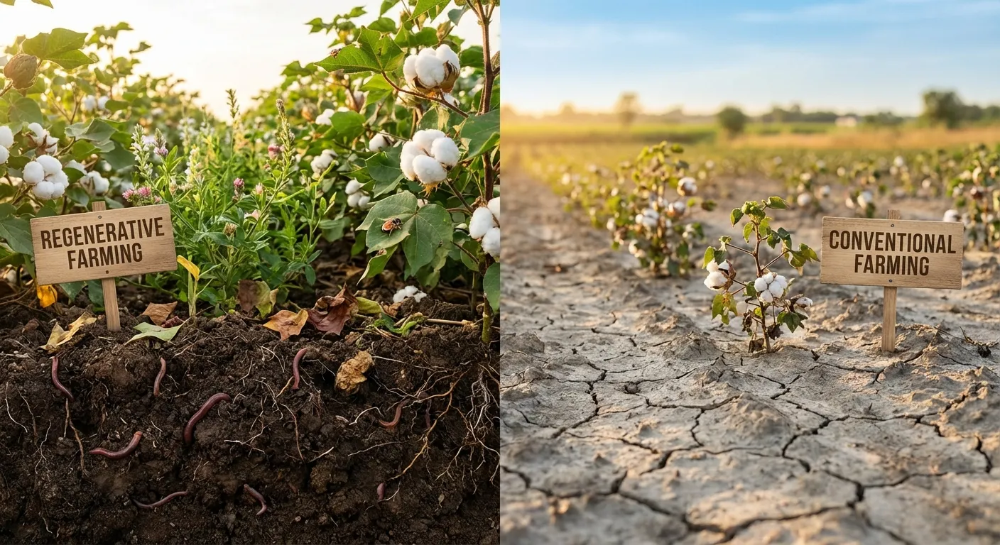 regenerative agriculture showing healthy soil ecosystem with cotton plants and biodiversity
