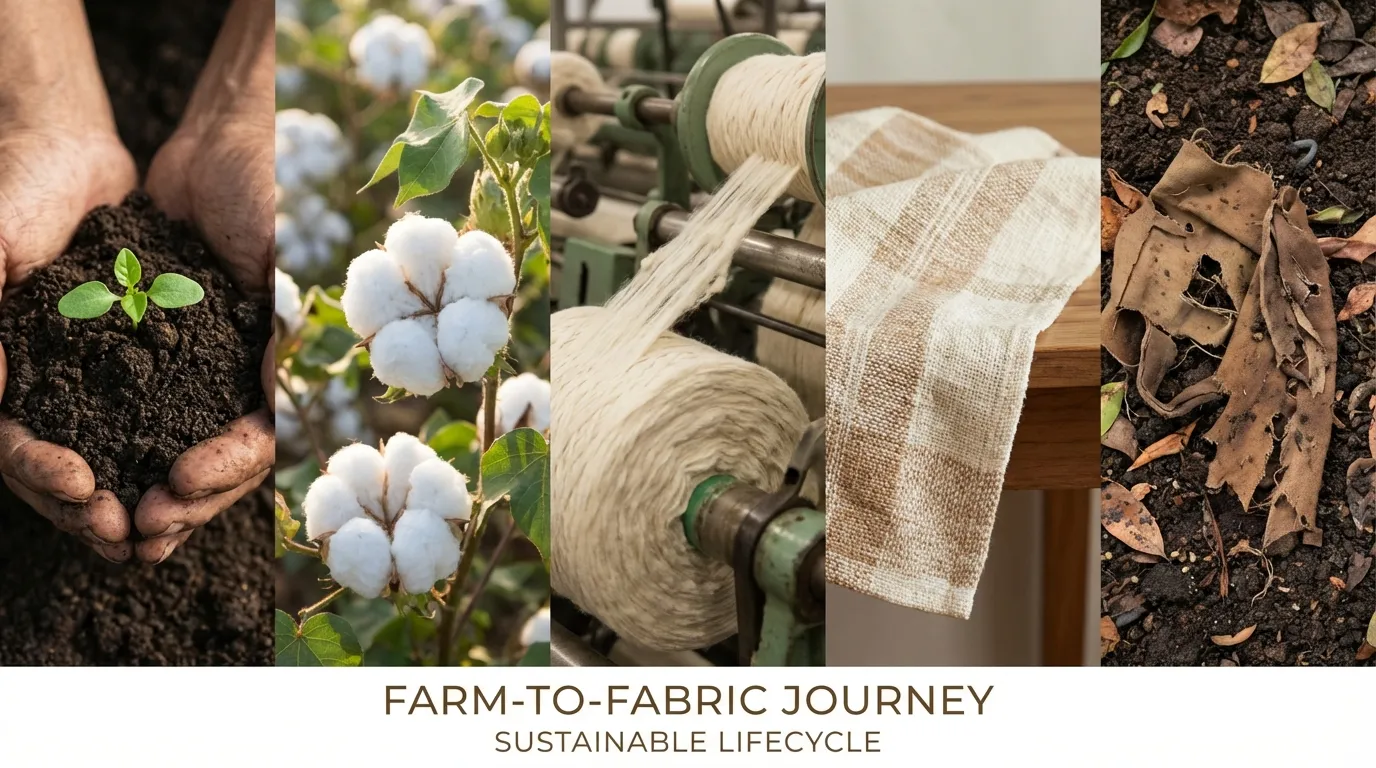 farm to fabric journey showing stages from regenerative cotton farming to finished sustainable textile