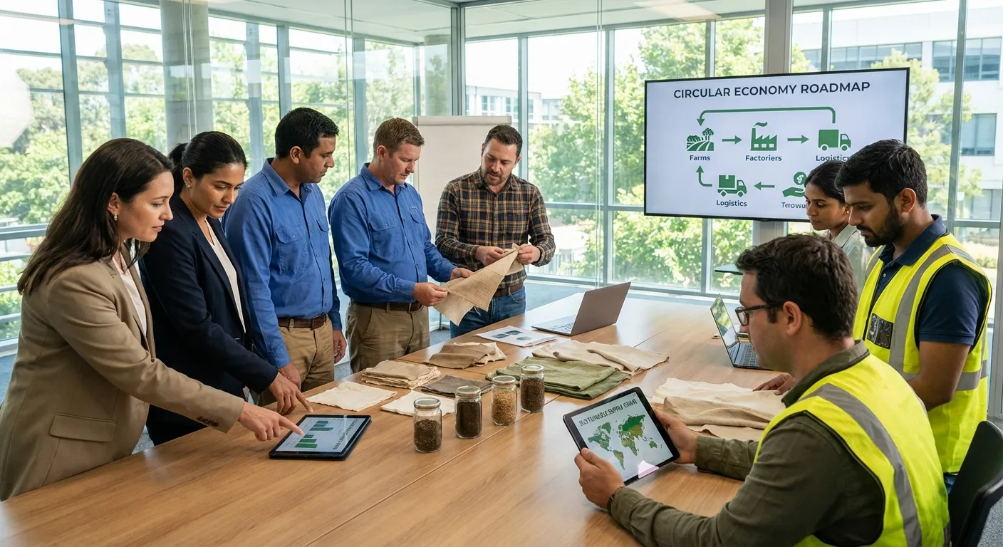 diverse stakeholders collaborating on sustainable textile supply chain transformation with fabric samples and data