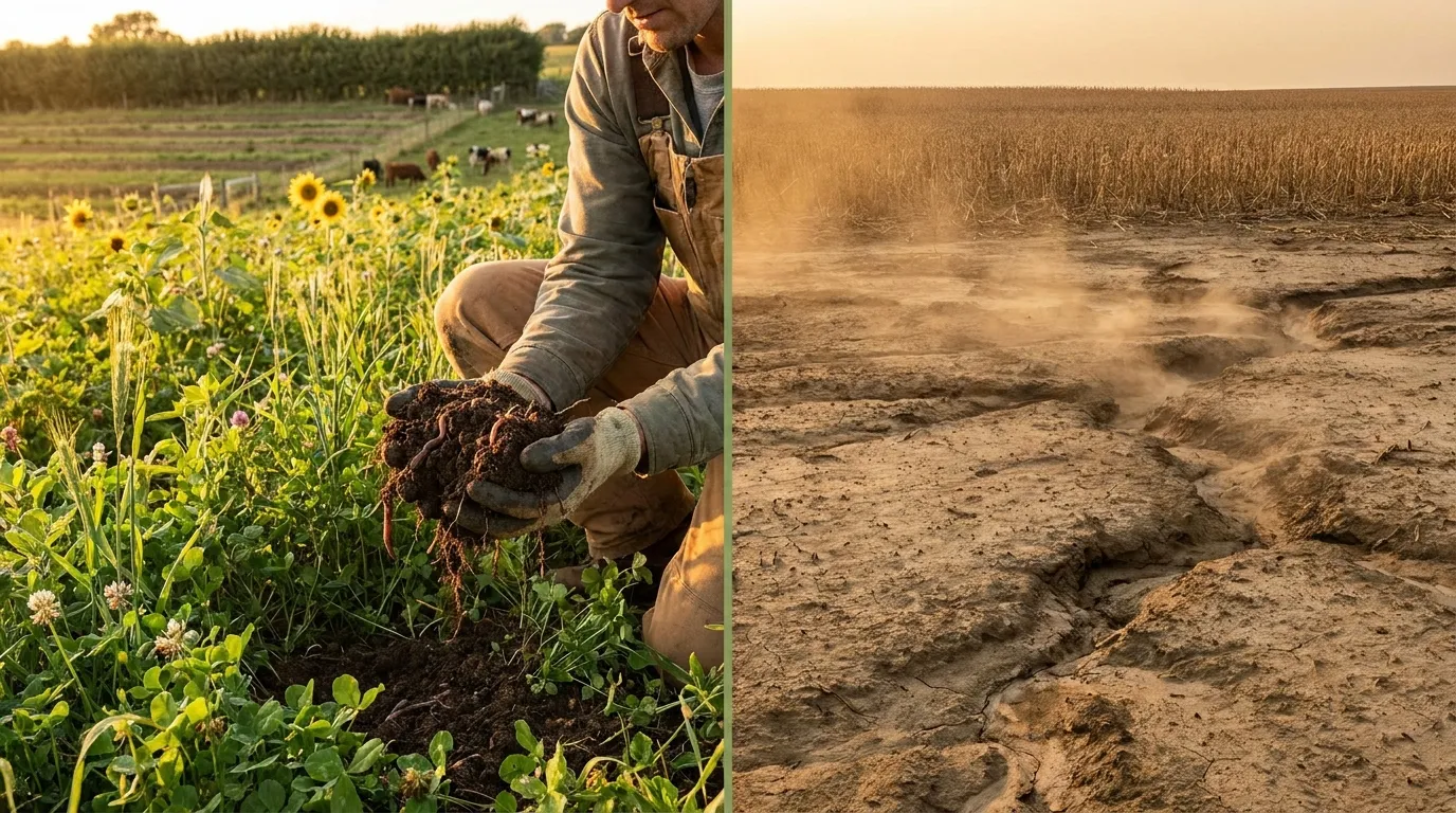 Comparison of regenerative agriculture practices showing healthy soil and climate policy benefits