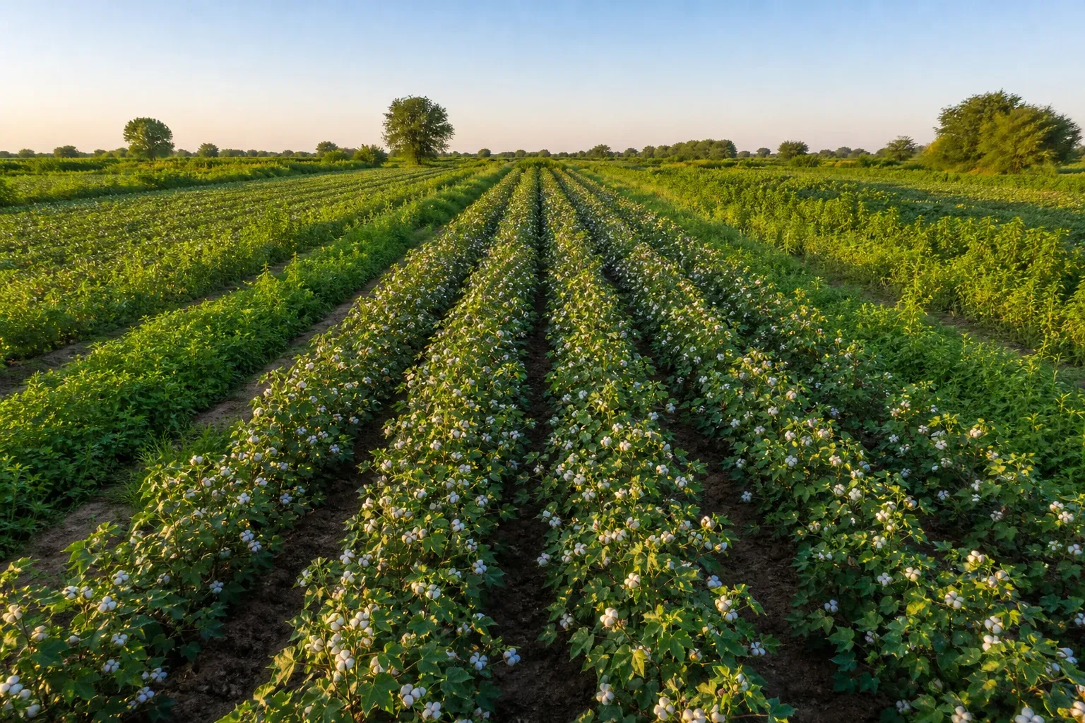Aerial view of a regenerative cotton farm in India showing healthy soil, cover crops, and open cotton bolls at harvest