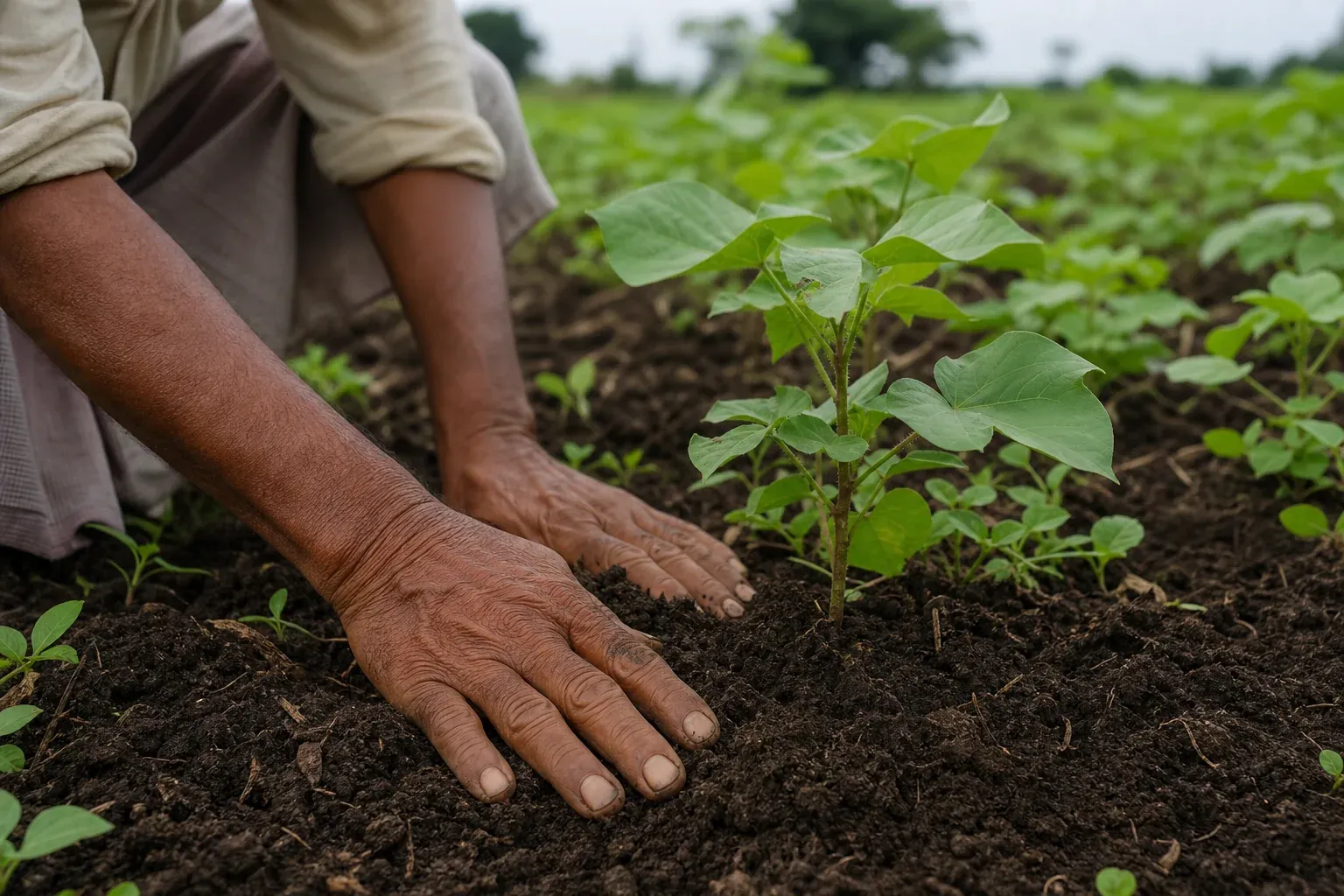 Indian smallholder farmer's hands working with rich, compost-amended soil near young cotton seedlings in a regenerative farming field