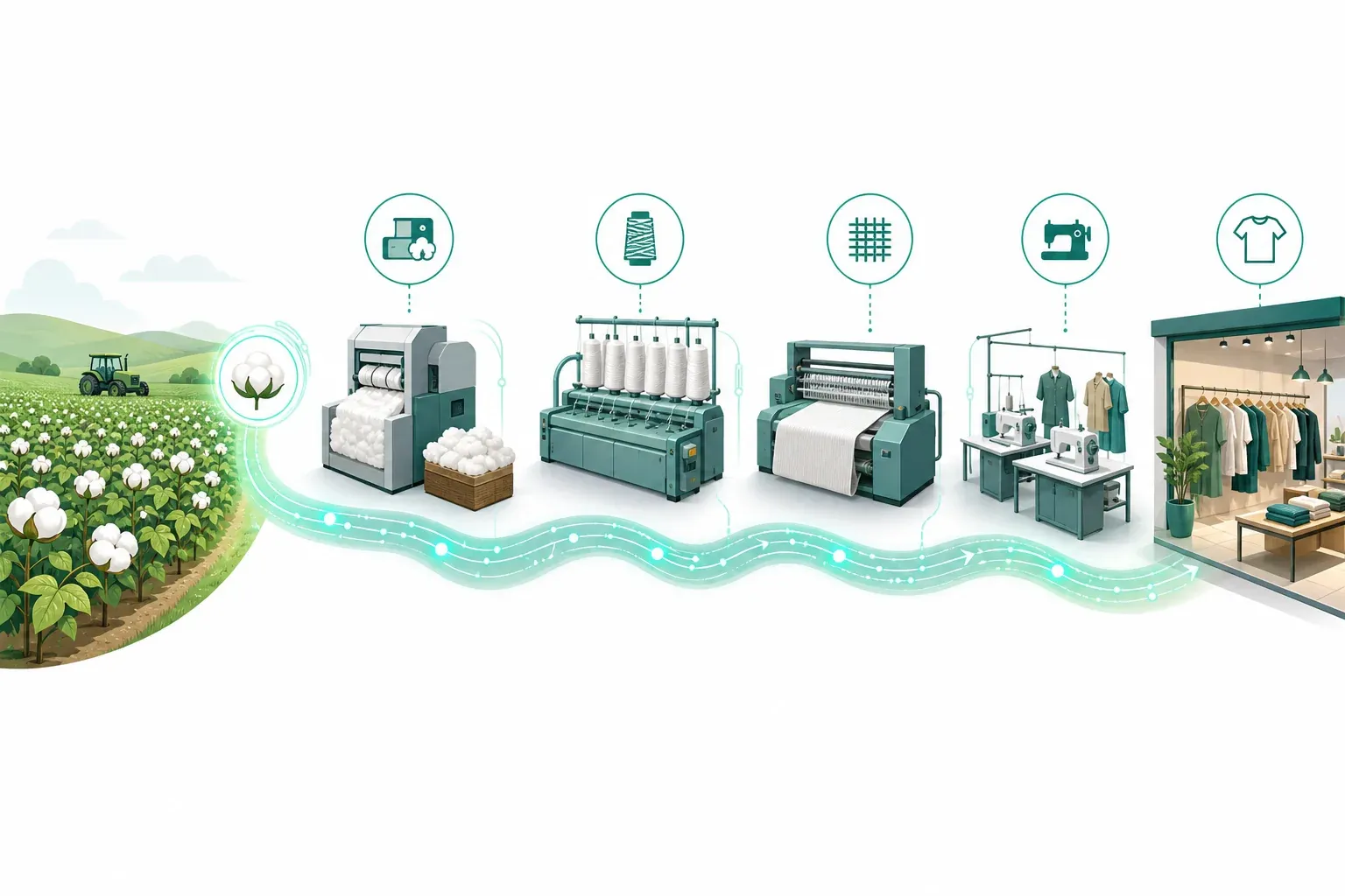 Digital supply chain traceability illustration showing cotton journey from farm through processing to fashion brand, connected by data trail
