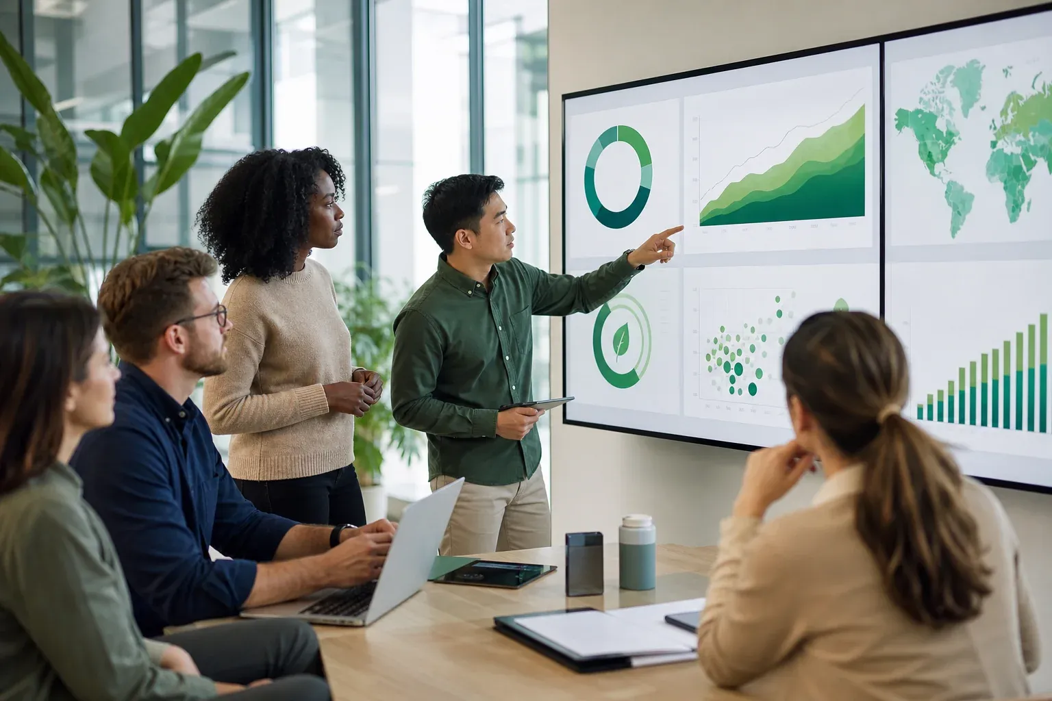 Sustainability team reviewing ESG supply chain data dashboards in a modern office, with green data visualizations on large screens