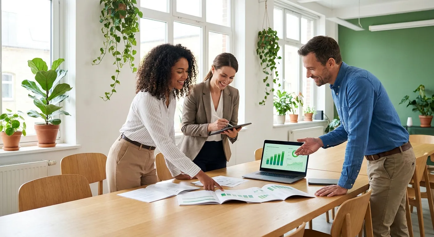 business team reviewing supply chain transparency sustainability reports and ESG data