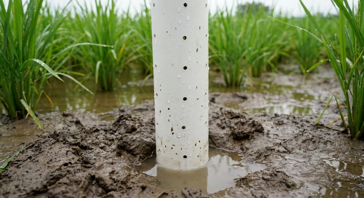 Pani pipe perforated observation tube installed in rice paddy field for AWD water level monitoring