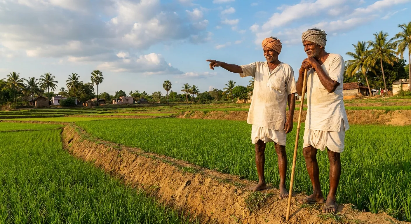 Indian rice farmers in paddy field representing AWD carbon credit program and farmer income generation