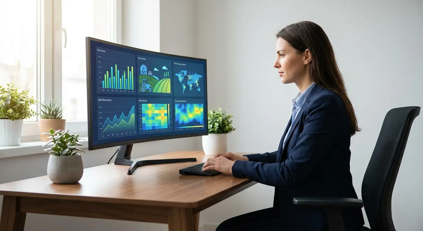 Sustainability professional reviewing alternative wetting drying rice methane reduction data on ESG dashboard