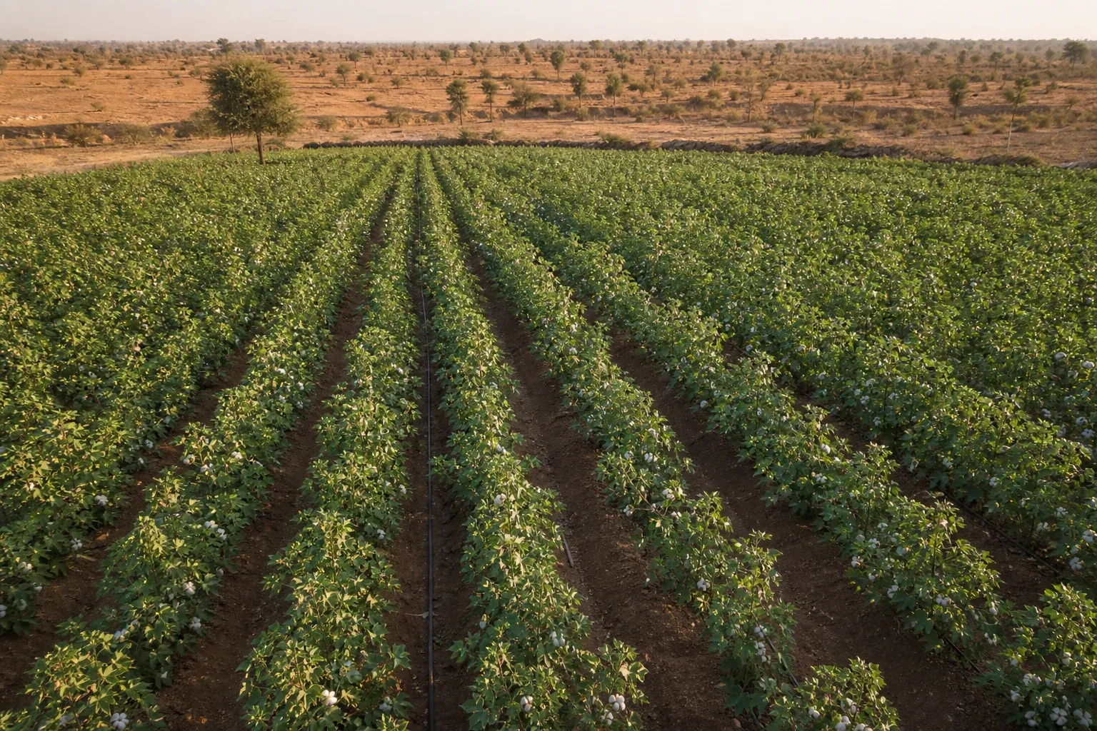 Aerial view of a regenerative cotton farm in India with drip irrigation lines between healthy cotton rows and dry surrounding landscape