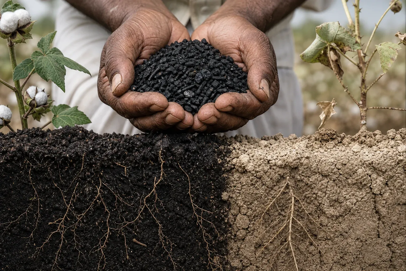 Farmer hands holding dark biochar granules above biochar-amended dark soil contrasted with pale dry conventional cotton soil