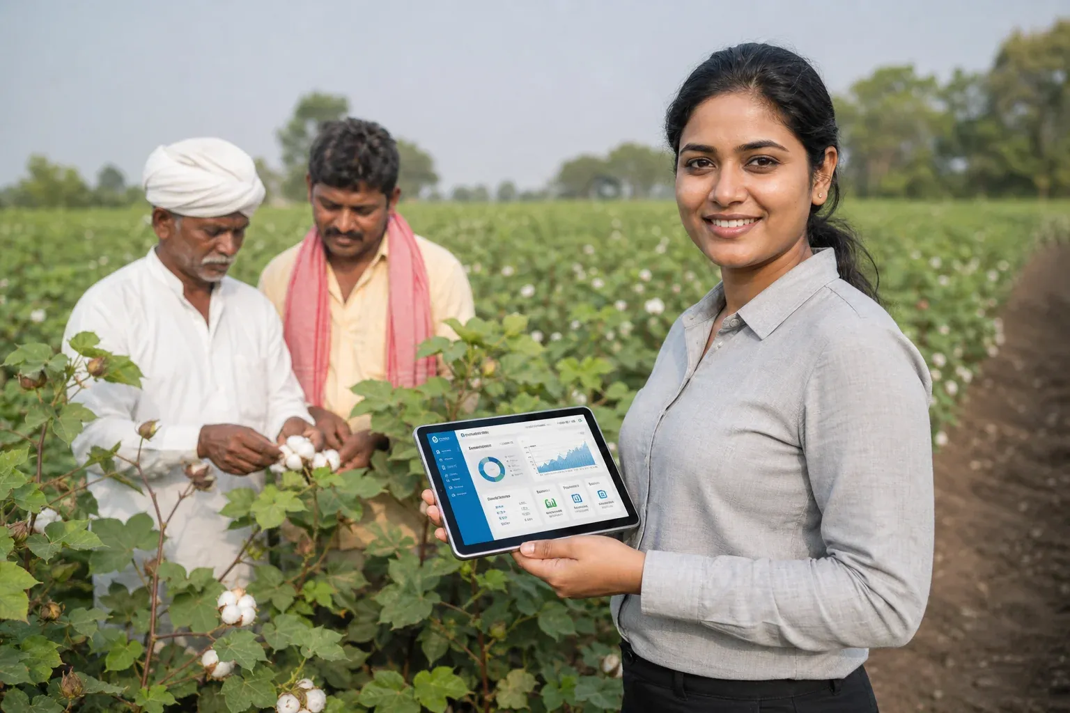 Sustainability professional reviewing supply chain data on a tablet in a cotton field with Indian smallholder farmers in the background