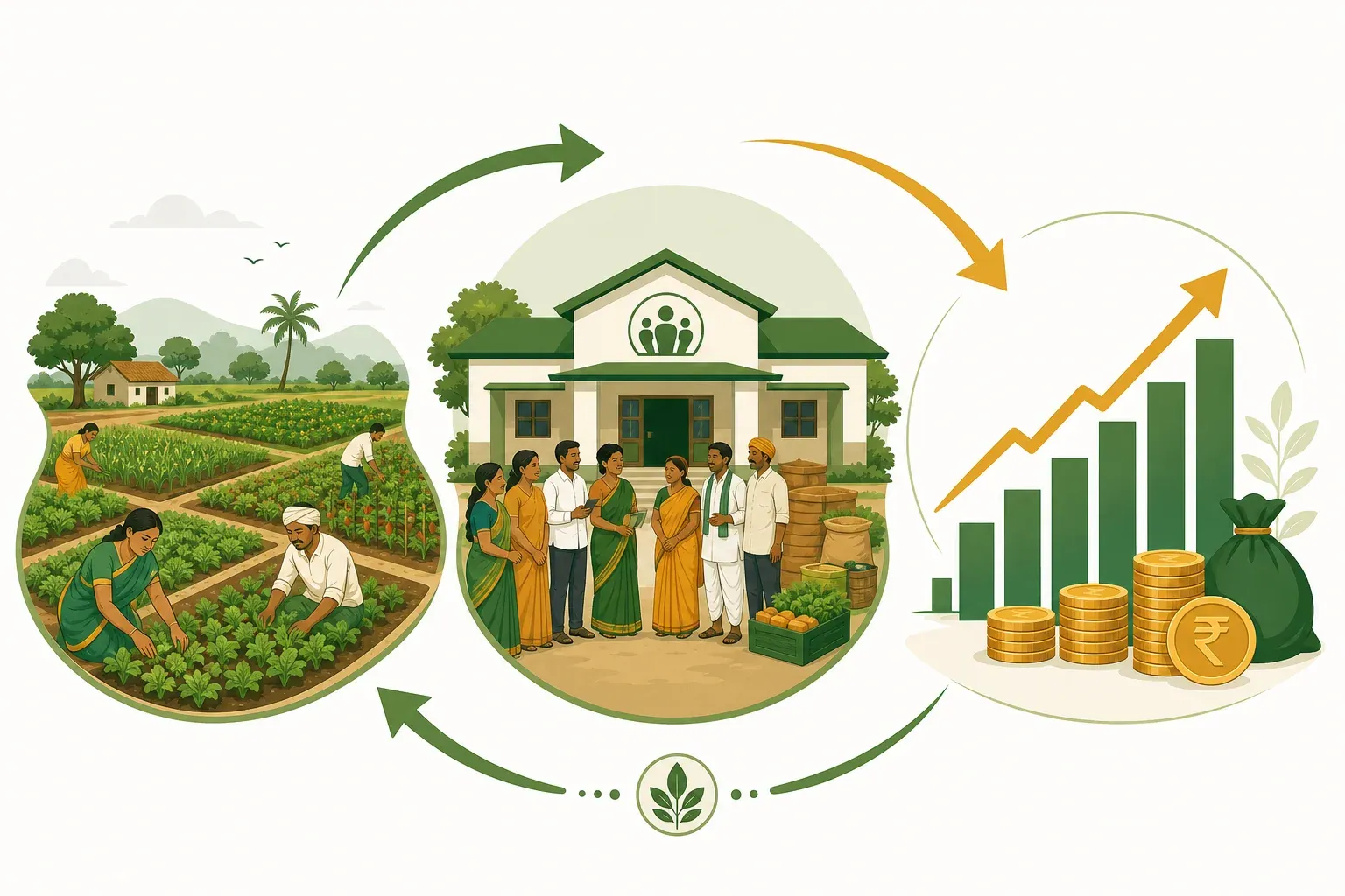 Diagram showing carbon credit aggregation model connecting Indian smallholder farmers through a cooperative to carbon markets and financial returns