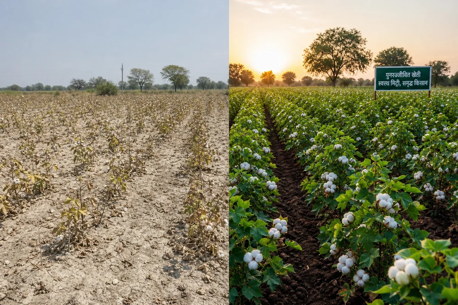 Side-by-side comparison of conventional versus regenerative cotton field in India, showing soil health and crop vitality differences