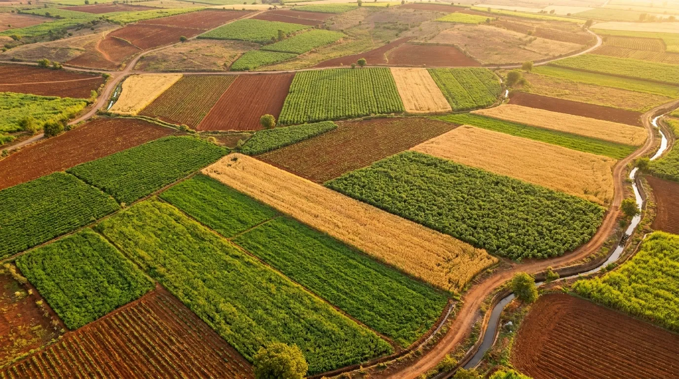 Aerial view of diverse crop rotation fields in India showing regenerative agriculture patterns