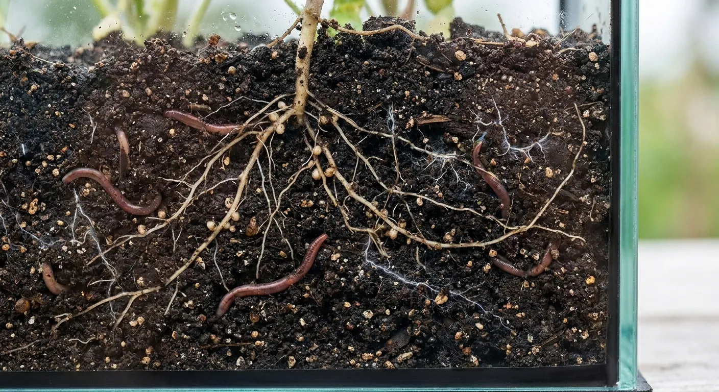 Healthy soil cross-section showing root systems and microbial activity from crop rotation in regenerative agriculture