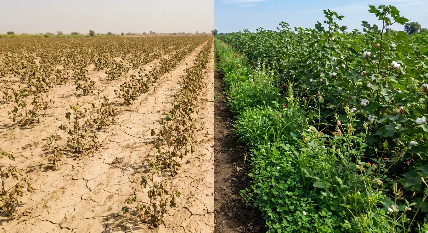 Comparison of degraded cotton monoculture field versus thriving regenerative crop rotation farm in India