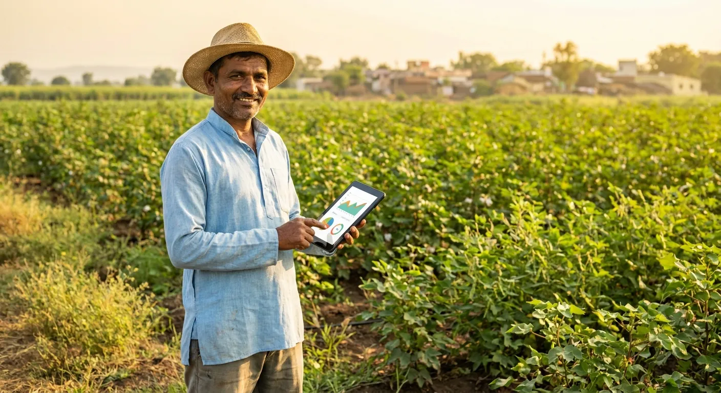 Indian farmer using digital tablet to plan crop rotation in regenerative agriculture field