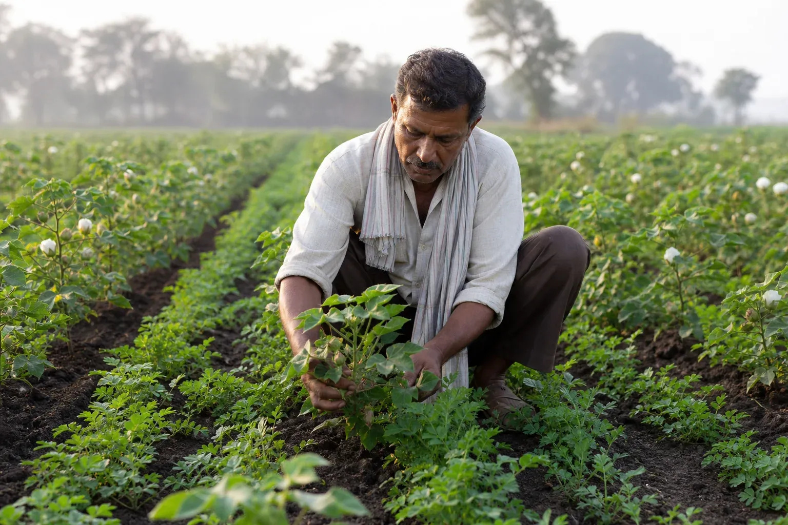 Farmer walking through a healthy cotton field with visible cover crop between rows in Madhya Pradesh. Photorealistic photo of an Indian farmer in a cotton field with green cover crop growing between rows, morning light, healthy dark soil