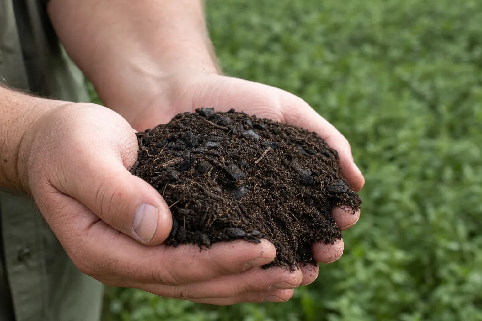 Close-up of hands holding dark, crumbly, carbon-rich soil mixed with biochar particles. Photorealistic close-up photo of two hands cupping dark, rich soil mixed with small black biochar particles, visible soil texture and organic matter