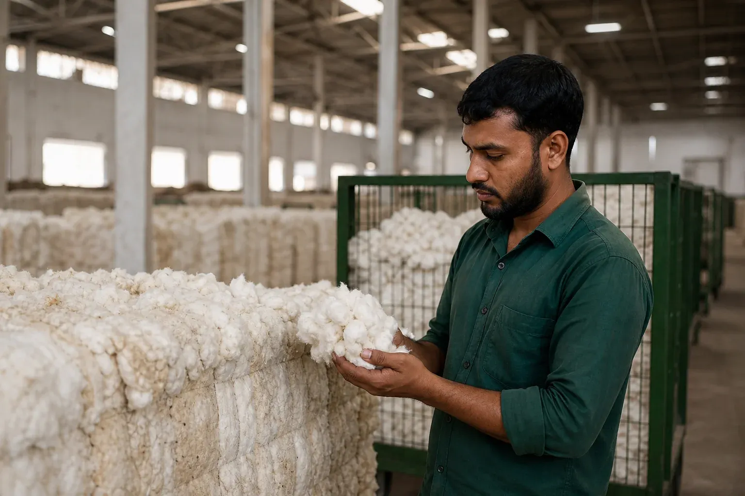 Textile mill worker inspecting raw cotton bales sourced from regenerative farms, connecting farm to fashion supply chain. Photorealistic photo of a textile mill worker in Bangladesh inspecting raw cotton bales in a well-lit warehouse