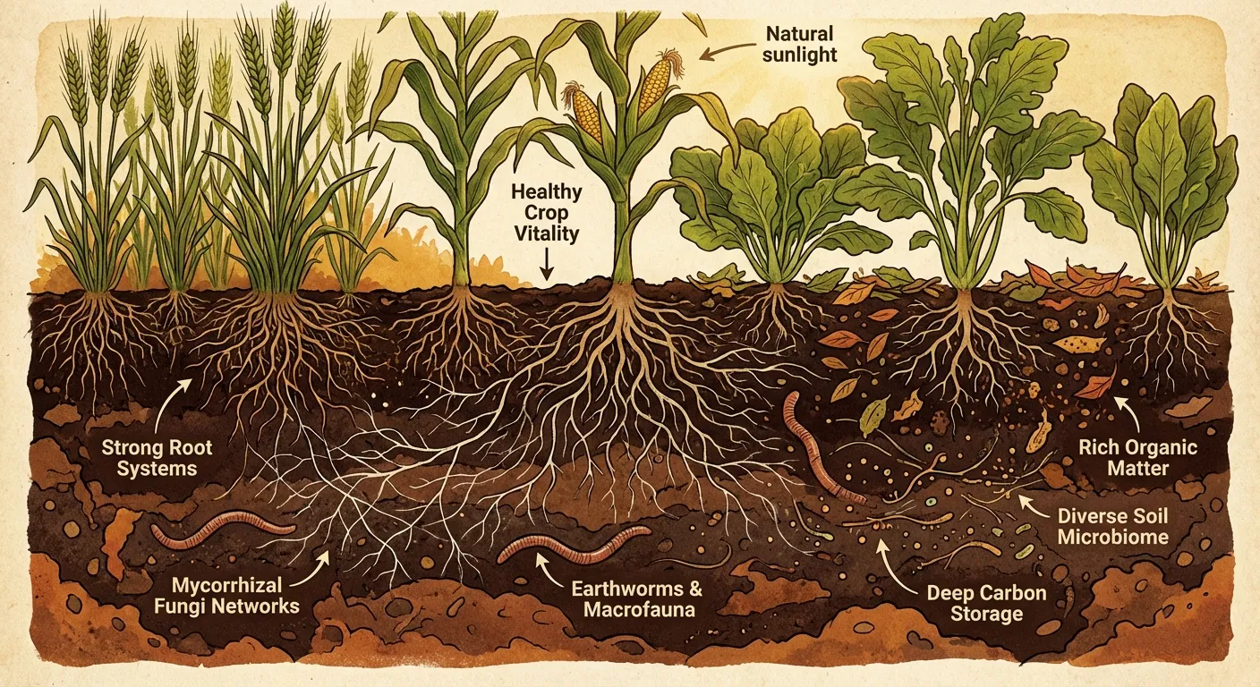 healthy crop yield in regenerative agriculture with strong root systems and soil health