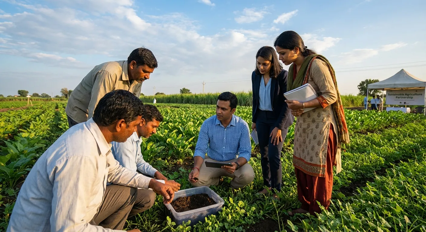 Farmers and consultants collaborating on regenerative agriculture practices in agricultural field
