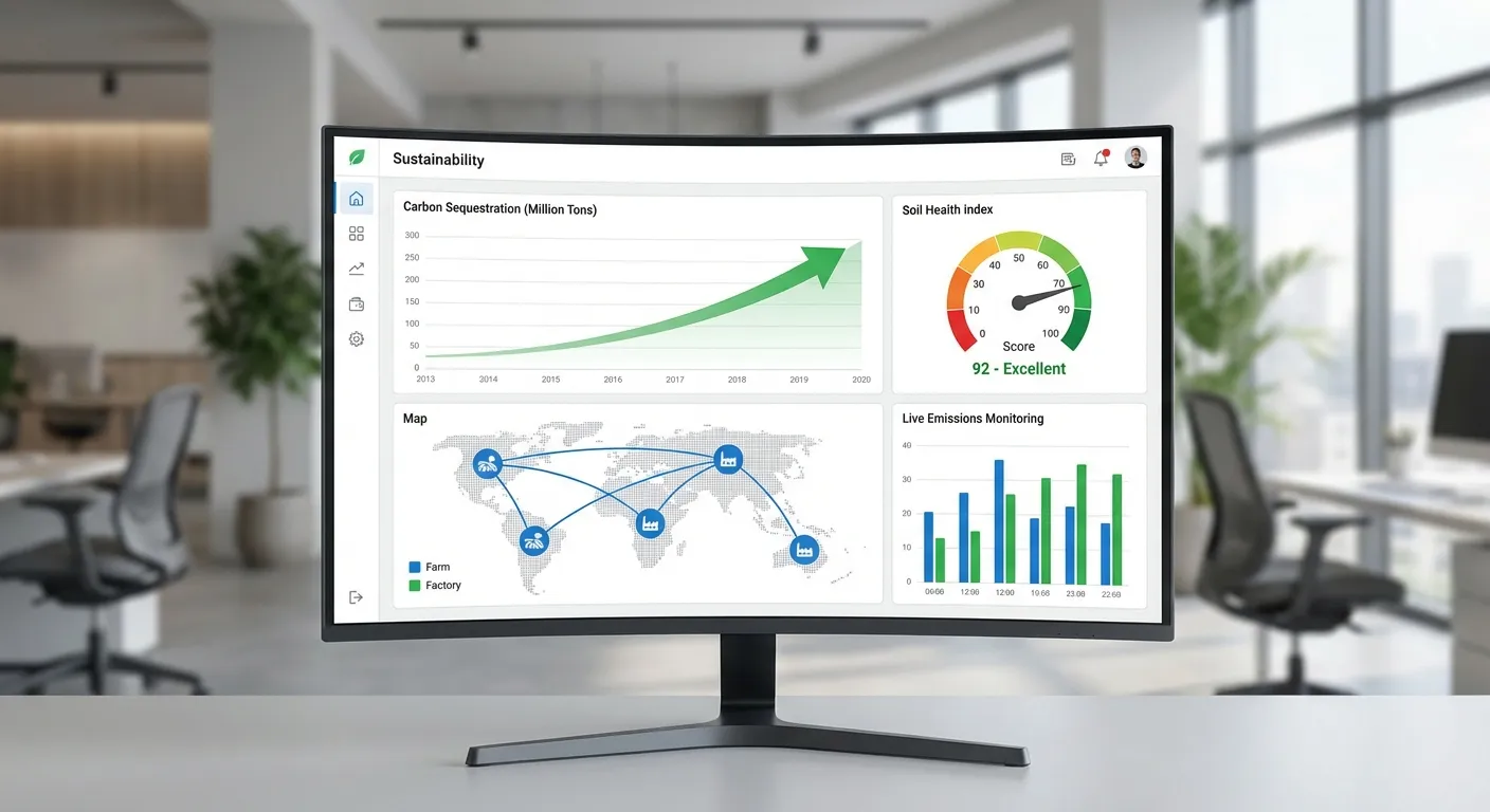 Digital dashboard displaying carbon sequestration metrics and supply chain data integration