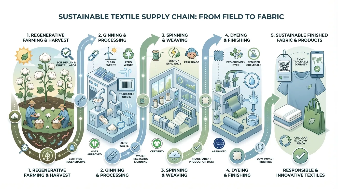 sustainable textile supply chain from regenerative cotton to fabric showing esg modern dictionary concepts
