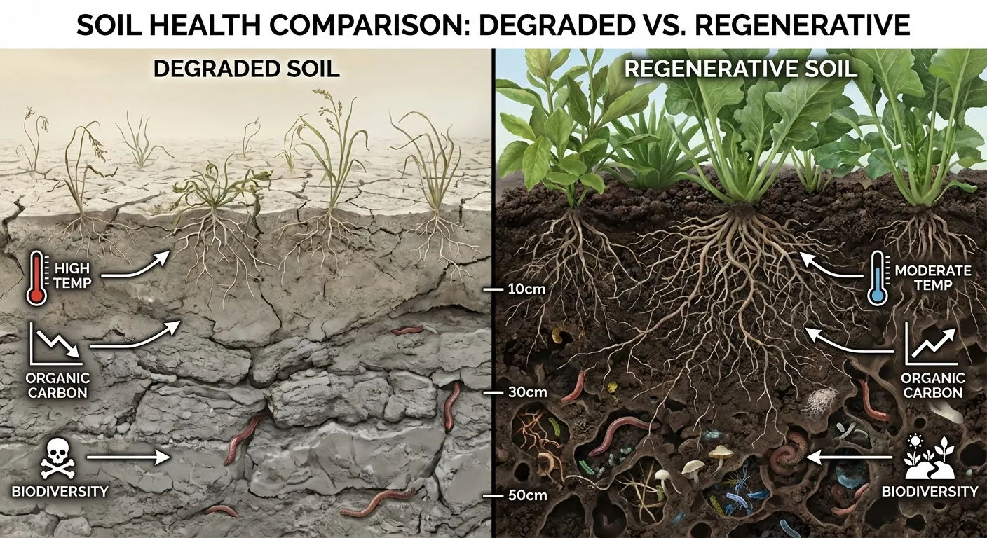 soil health comparison showing degraded versus healthy regenerative soil in esg modern dictionary